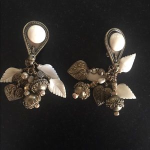 Clip earrings with brass & bone charms-lightweight